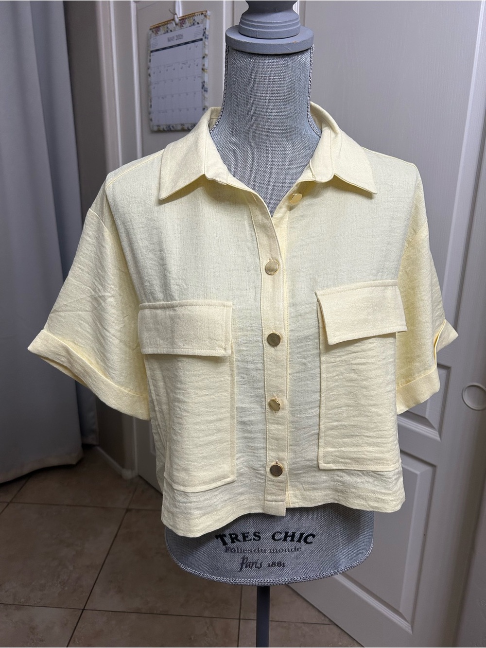 Light Yellow Short-Sleeve Button Front Blouse